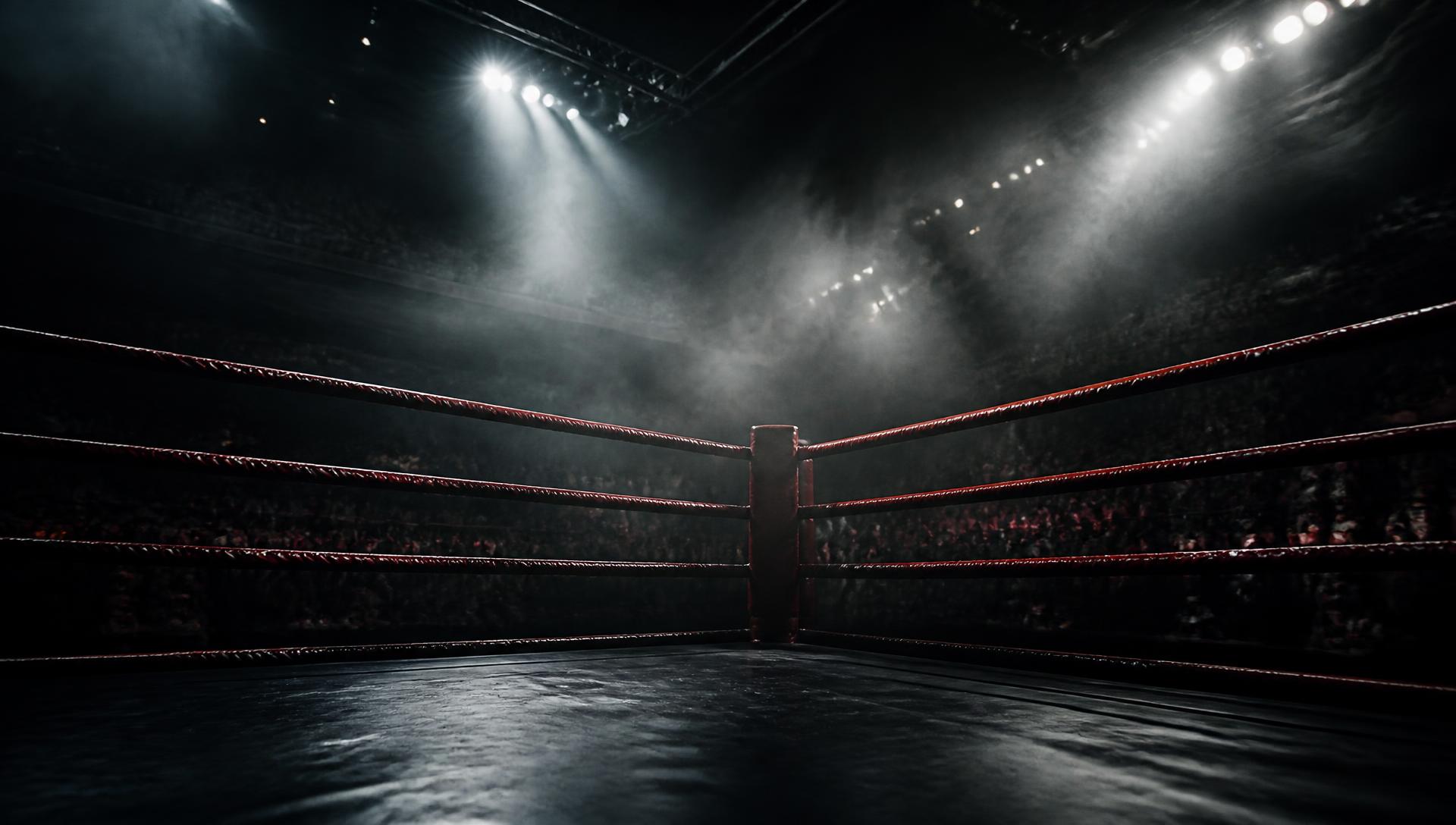 Empty championship boxing ring under arena spotlights and haze