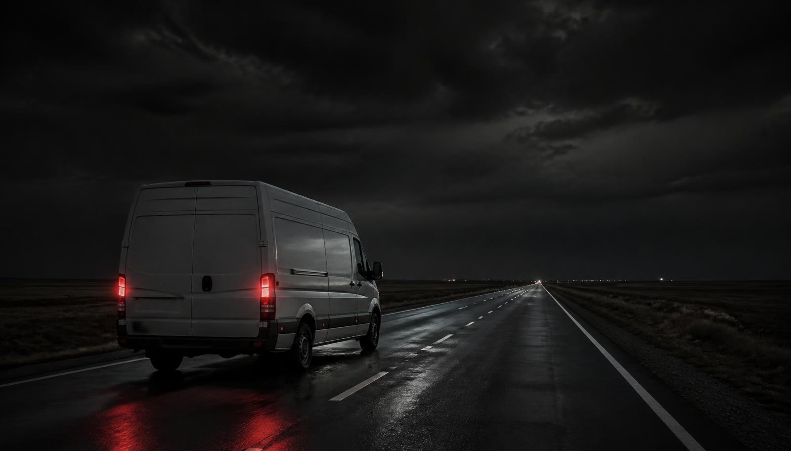 Plain white delivery van on a dark highway at night
